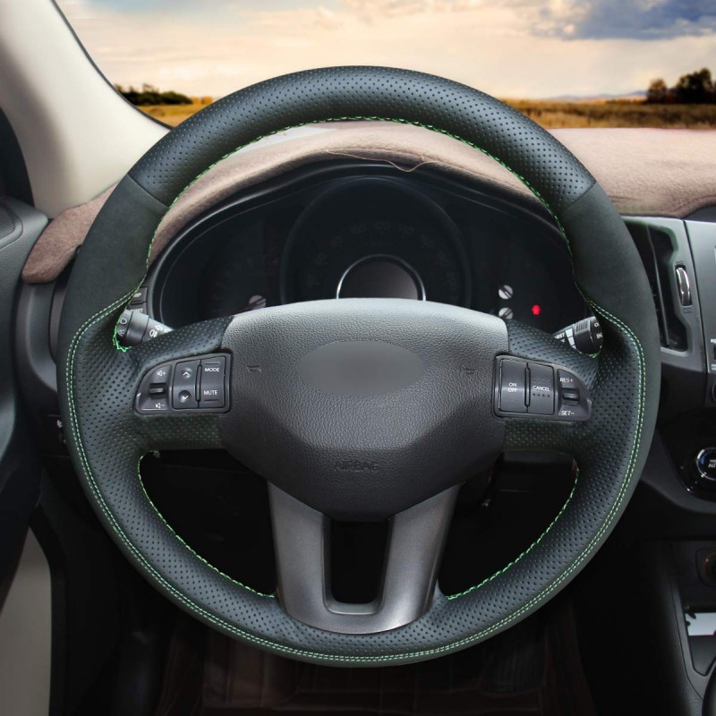 Loncky Auto Custom Fit OEM Black Genuine Leather Black Suede Steering